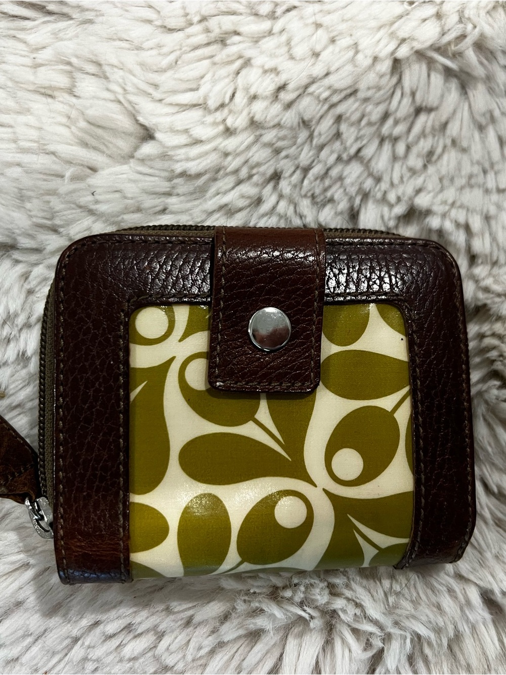 Orla Kiely Olive Green and Brown Zip-Around Wallet